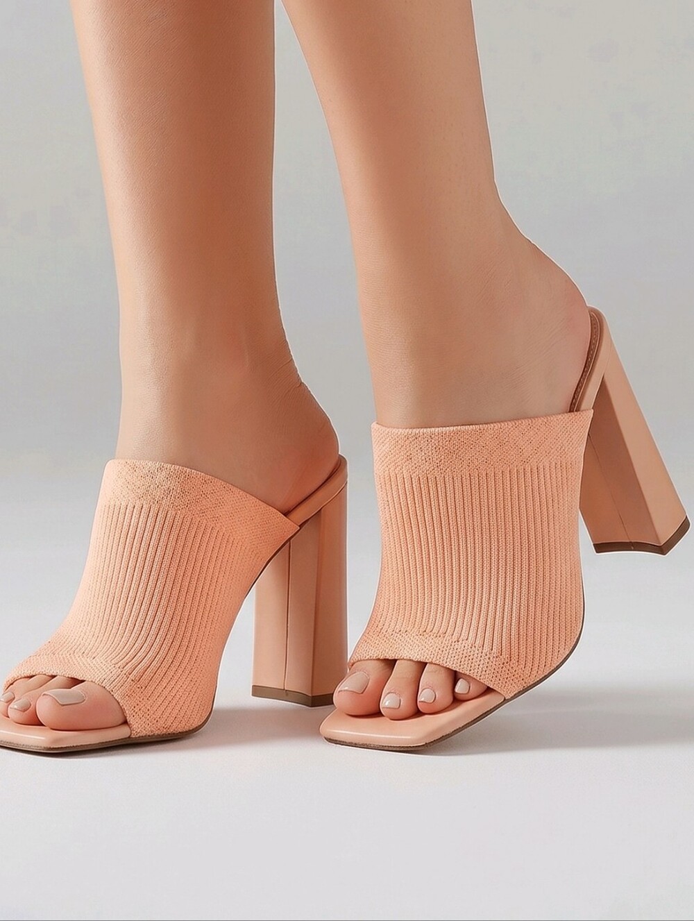 CAPE ROBBIN - Peach Knit Open-Toe Block Heel Mule Sandal